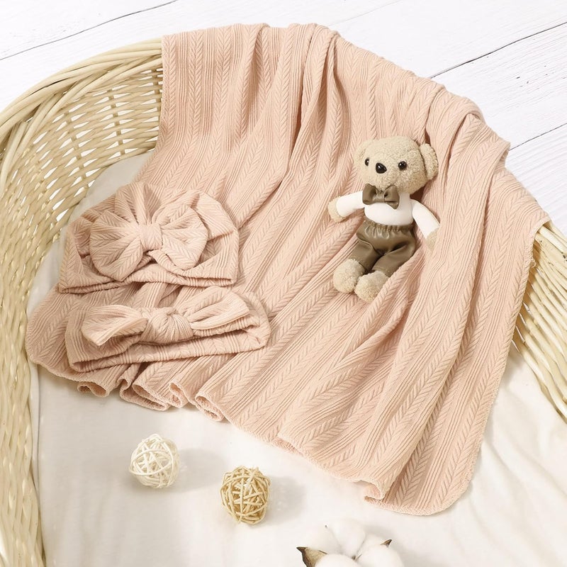 DRESHOW BQUBO Baby Swaddle Blankets for Girls, 4PCS Newborn Accessories Set with Hat and Bow Headband with Hello World Wooden Birth Announcement Card, Baby Blankets for Girls - Image 3